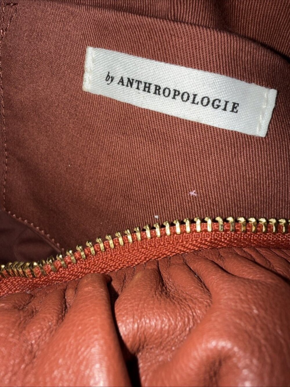 Anthropologie Shoulder Bag Lamb Leather Brown Rust Gathered Runched Gold Zipper - Picture 4 of 16